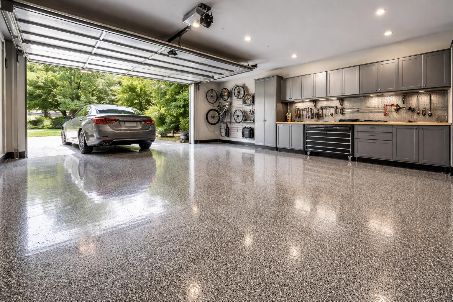 Modern garage with high-gloss polyaspartic floor coating, organized storage, and luxury car reflecting durability