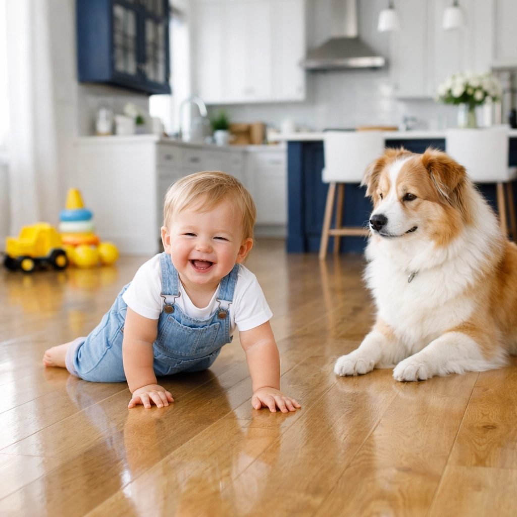 Toddler and dog playing on a polished floor safe from harsh cleaning chemicals.