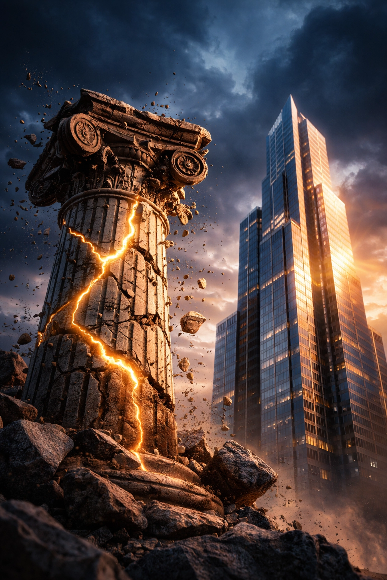 Contrasting old and modern investment strategies with a crumbling pillar and a modern building, symbolizing the shift from the 60/40 to the 40/30/30 portfolio model.