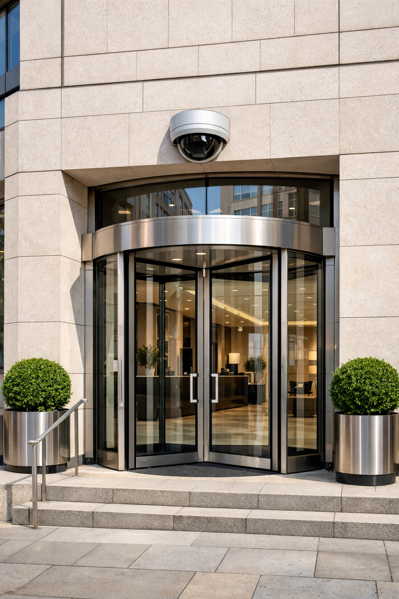 Modern dome security camera integrated into a London corporate office building entrance.