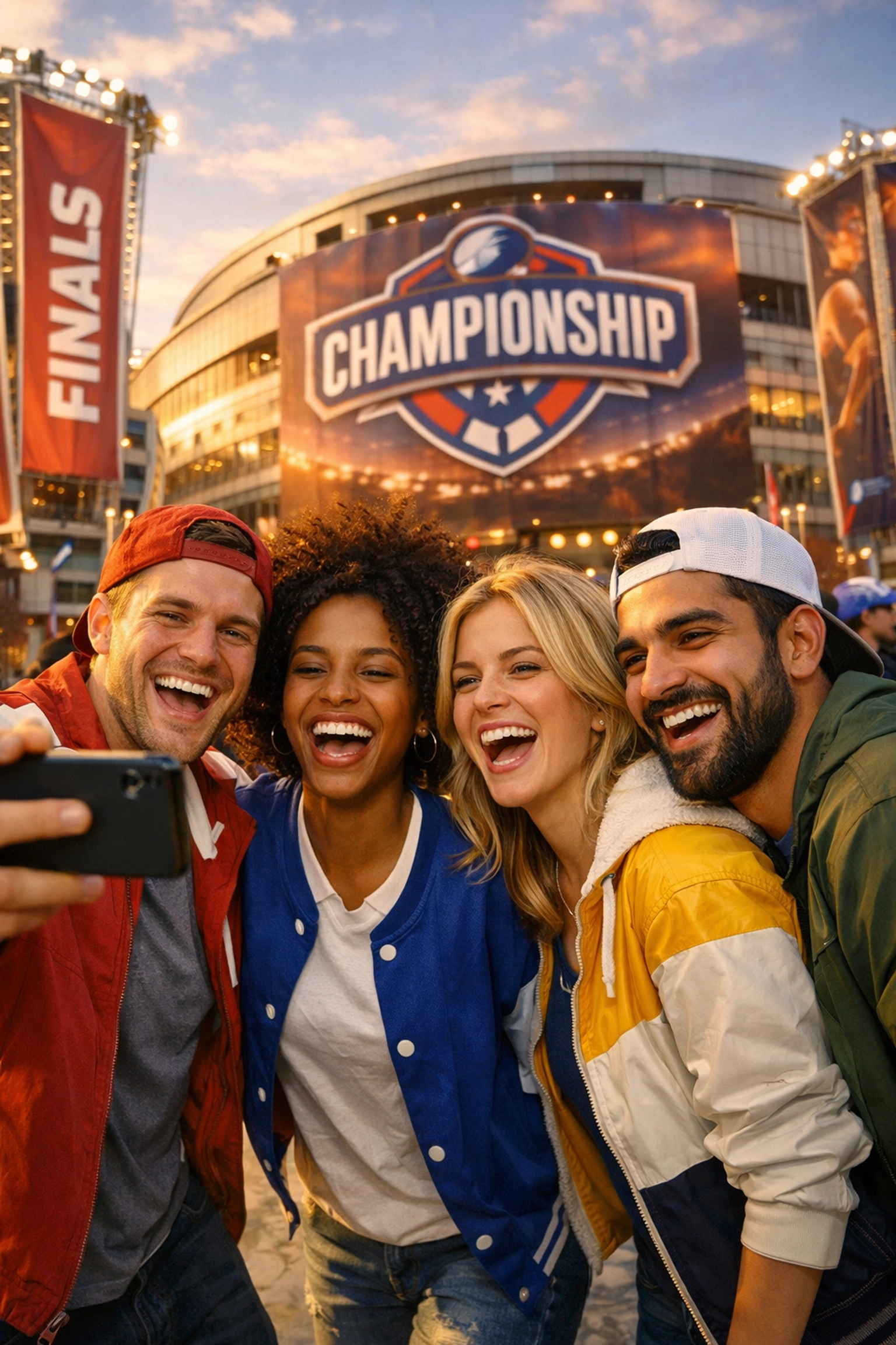Fans engaging with a large building wrap advertisement in an urban plaza during Super Bowl 2026 festivities.