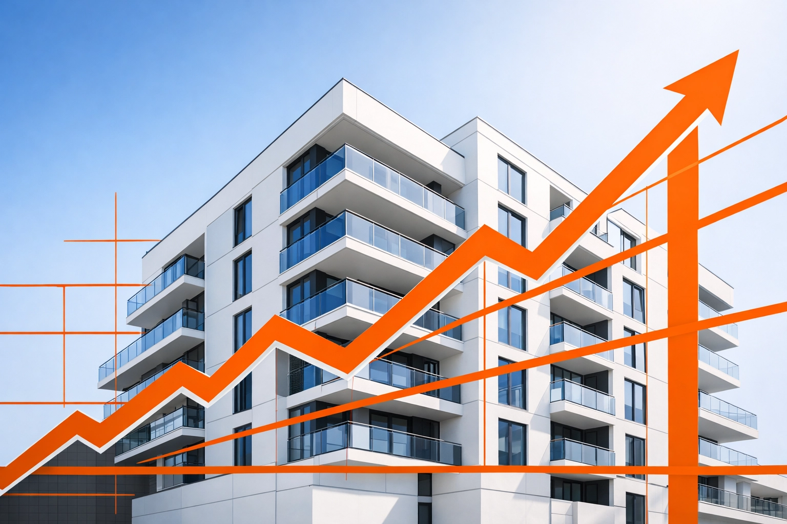 Modern residential building with growth charts representing strategic private investment in Bay Area real estate.