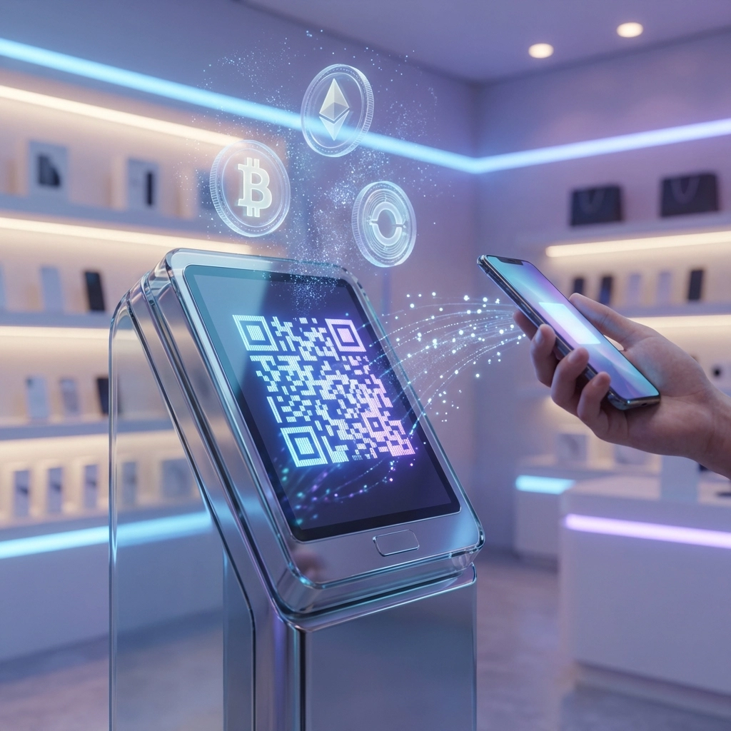 Customer making a crypto payment by scanning a QR code at a modern payment terminal, showcasing Larecoin's contactless Web3 payment solution.