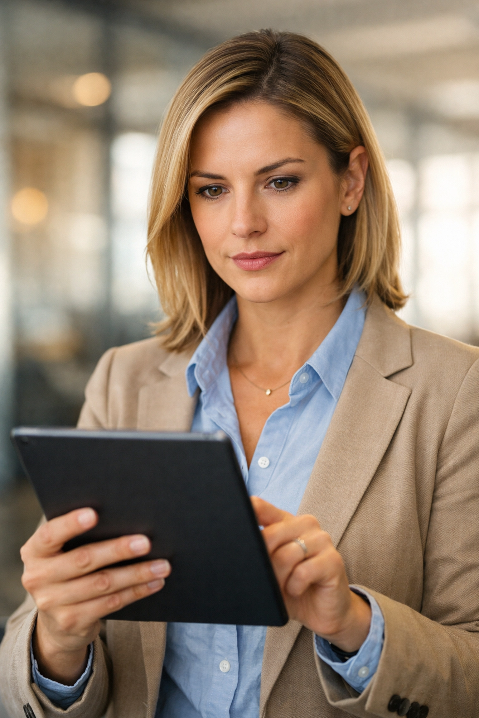 Business professional using a tablet to manage individual task accountability in a modern corporate office.