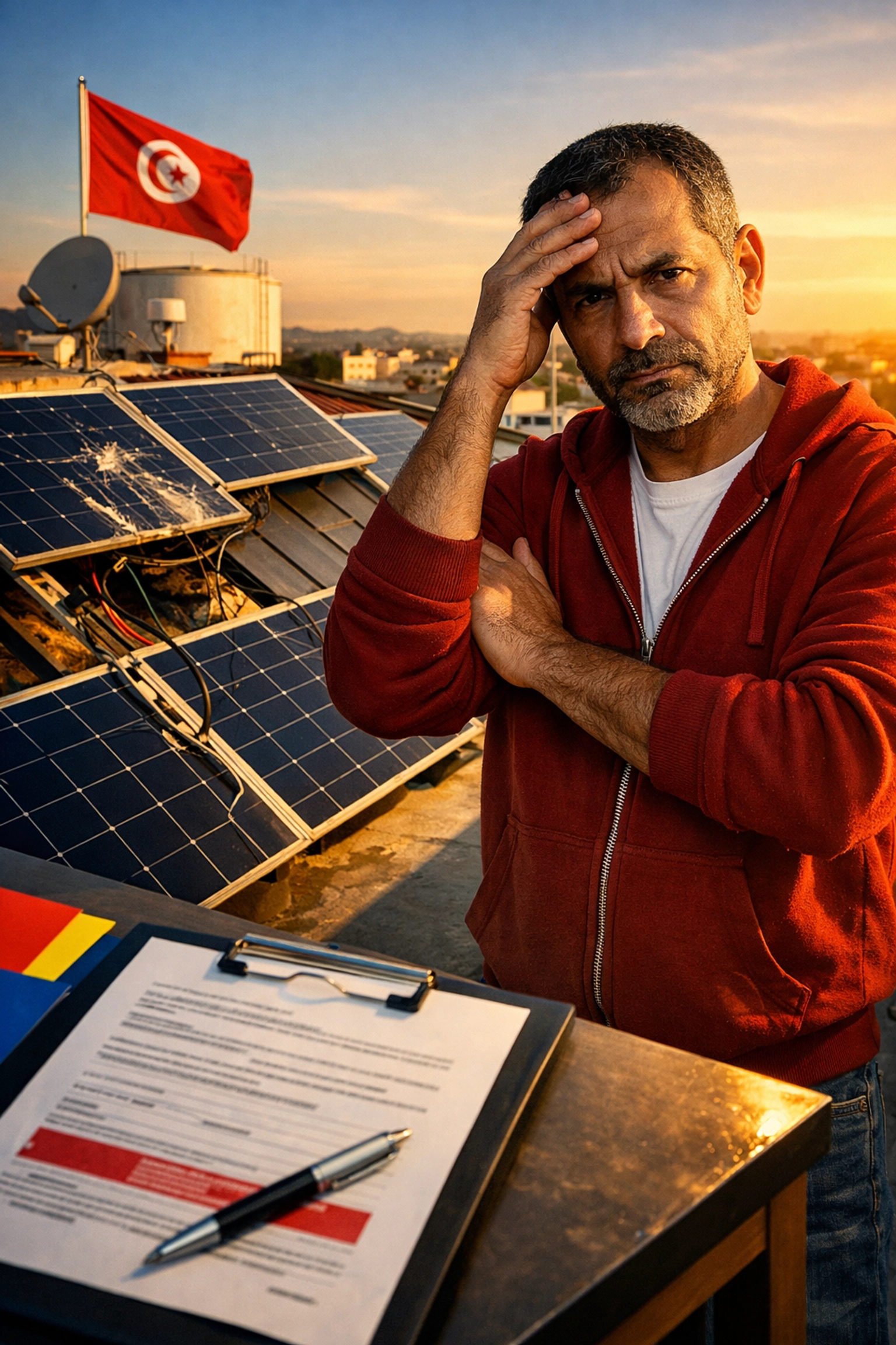 Installation solaire défectueuse avec panneaux mal alignés et câblage non conforme aux normes STEG