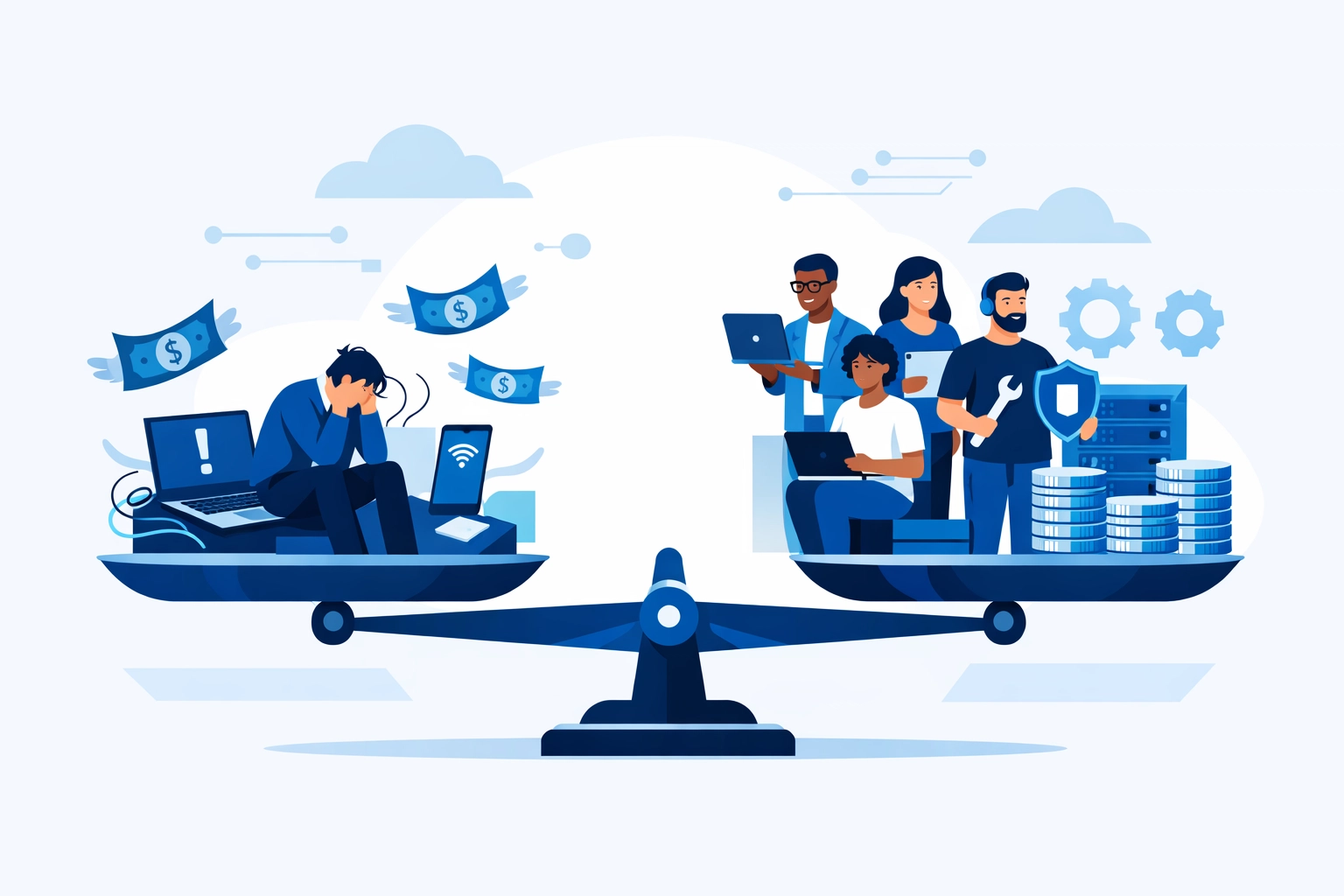Cost comparison scale: in-house IT staff versus managed IT support team