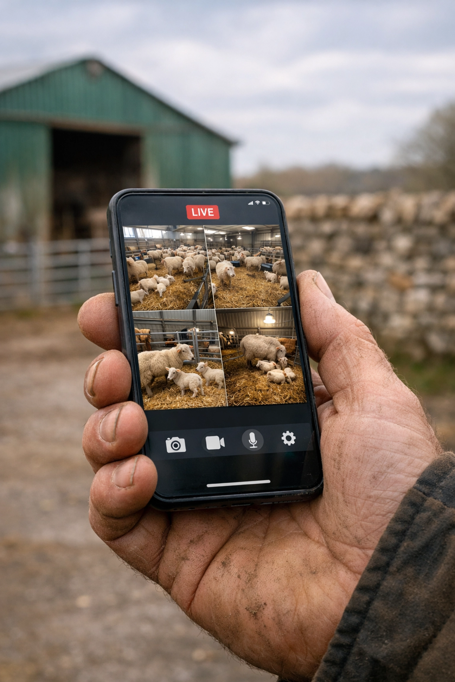 Farmer using a smartphone to monitor live sheep CCTV feeds in a Somerset barn.