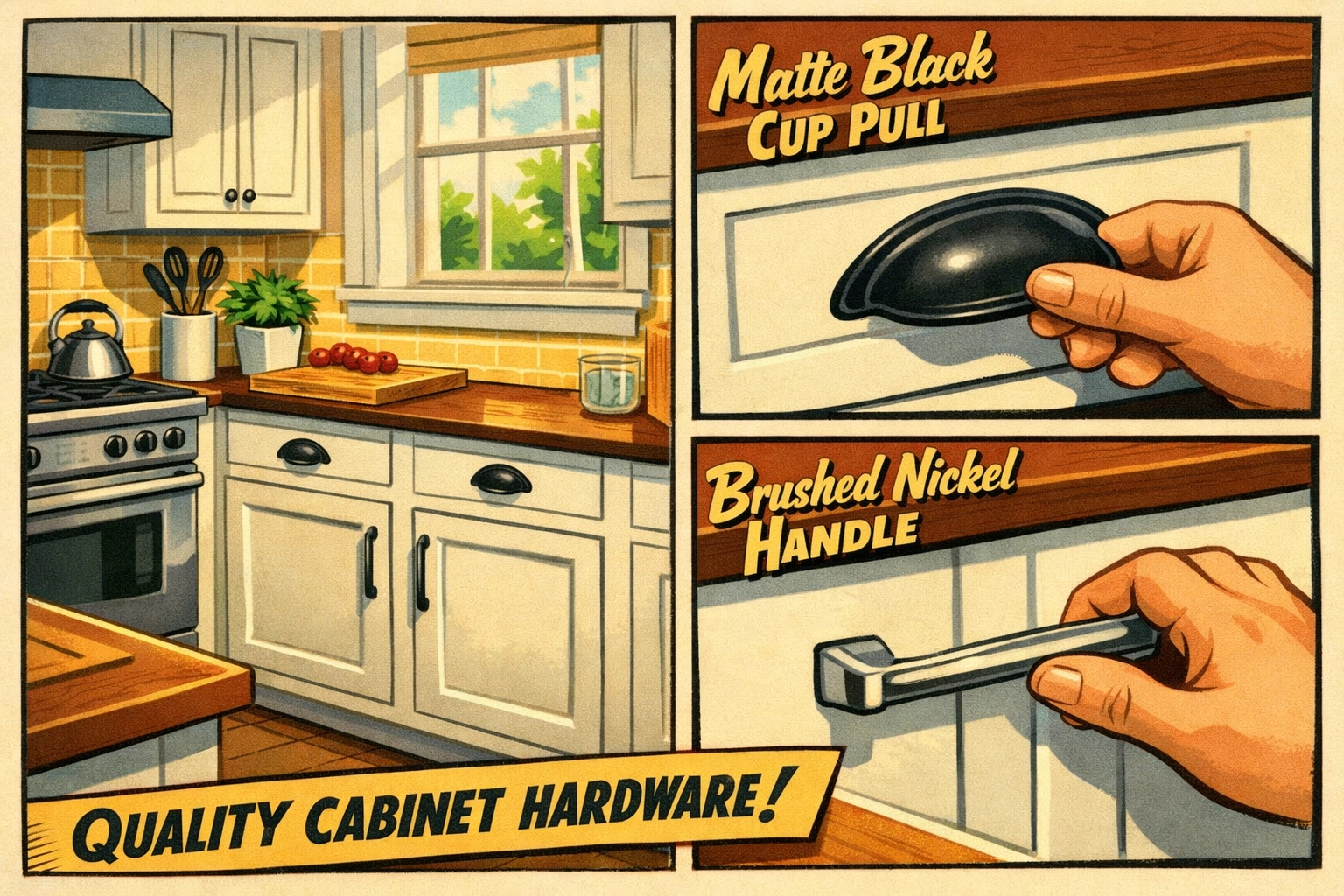 Modern kitchen cabinet hardware upgrade with matte black and brushed nickel pulls