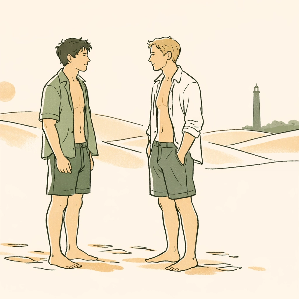 Gay men meeting at Maspalomas sand dunes, romantic first encounter in Gran Canaria