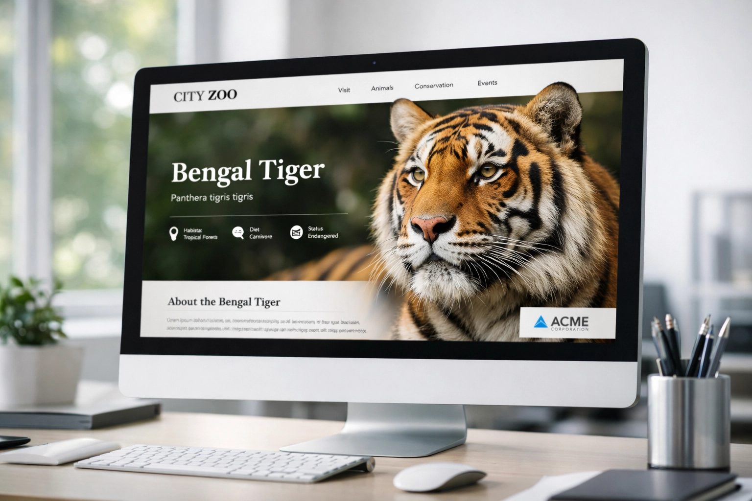 Zoo website displaying sponsored animal page with Bengal tiger portrait and sponsor integration