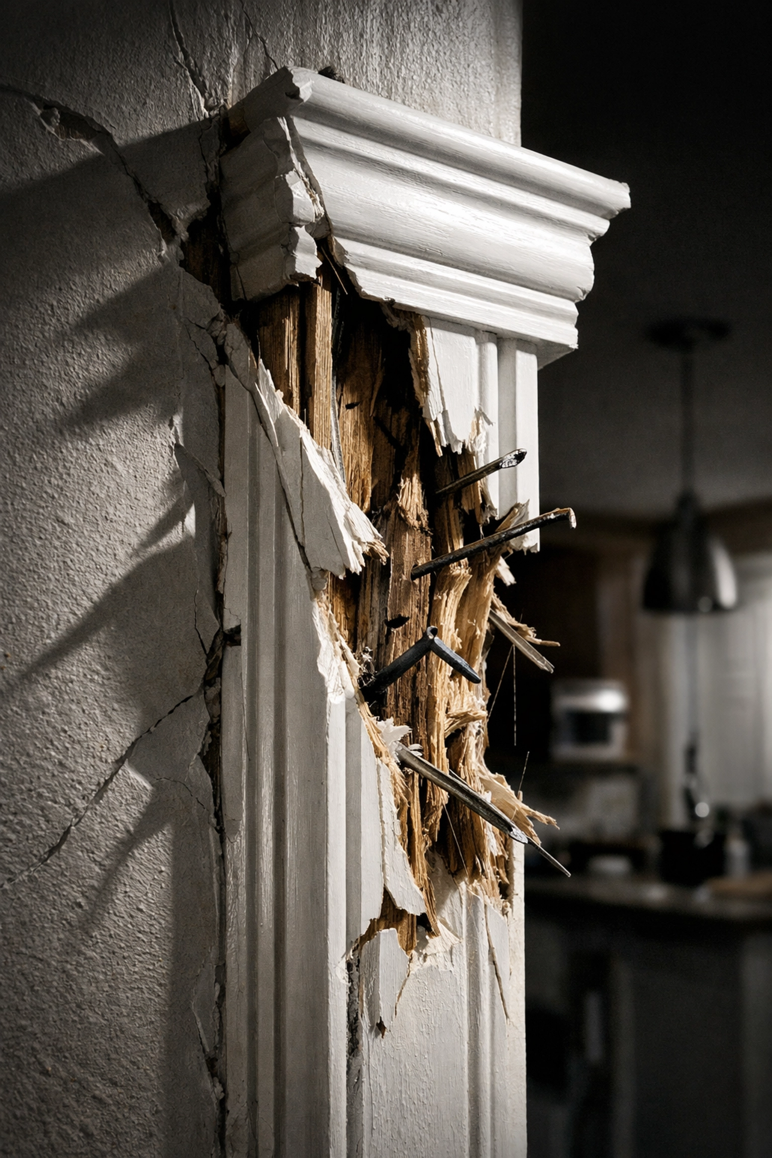 Shattered door frame and splintered trim caused by a poorly installed home gym pull up bar.