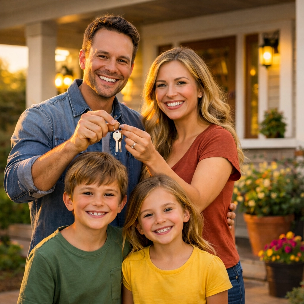 Happy family holding keys to their new home after successful real estate purchase Happy family holding keys to their new home after successful real estate purchase