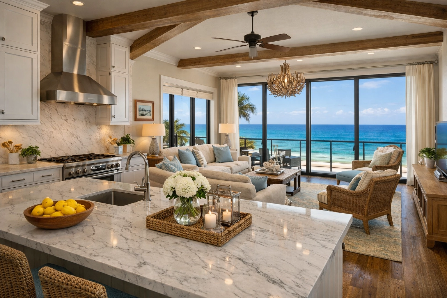 Open-concept luxury vacation rental interior with Gulf views and chef's kitchen