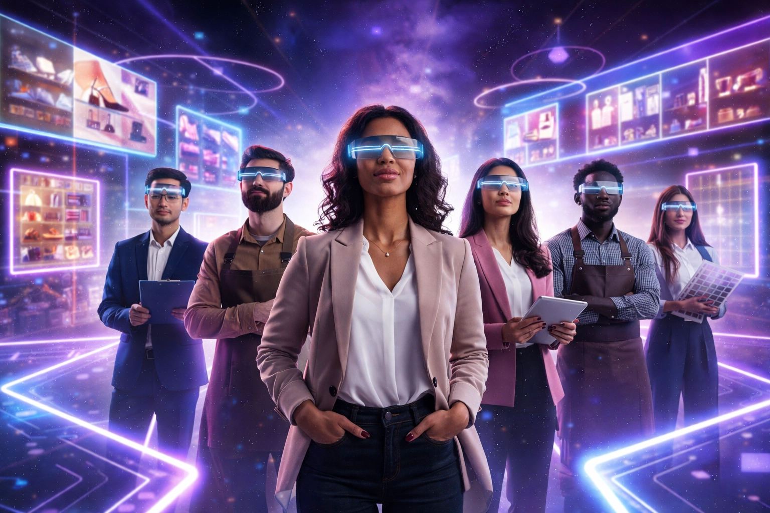 Business owners shop in a virtual reality metaverse with holographic crypto payment displays and AR glasses.