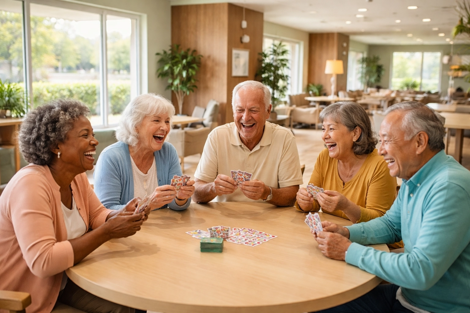 Active seniors socializing and playing cards in a modern Bucks County 55+ community clubhouse, highlighting vibrant senior living
