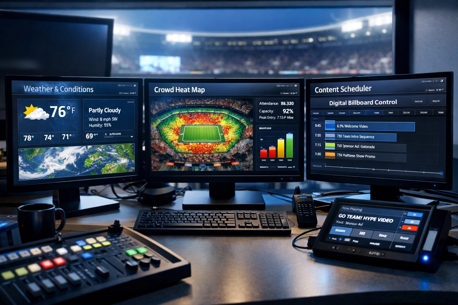DOOH control room with real-time data dashboards for stadium digital billboard management