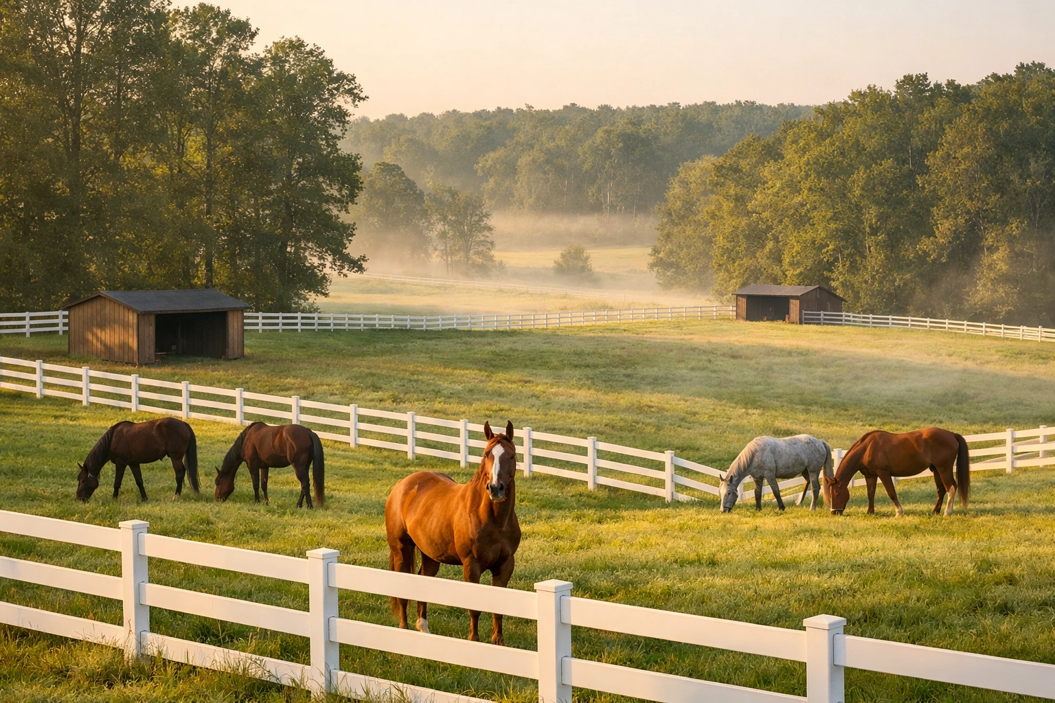 Horses grazing in well-maintained pastures with board fencing at Waxhaw horse farm