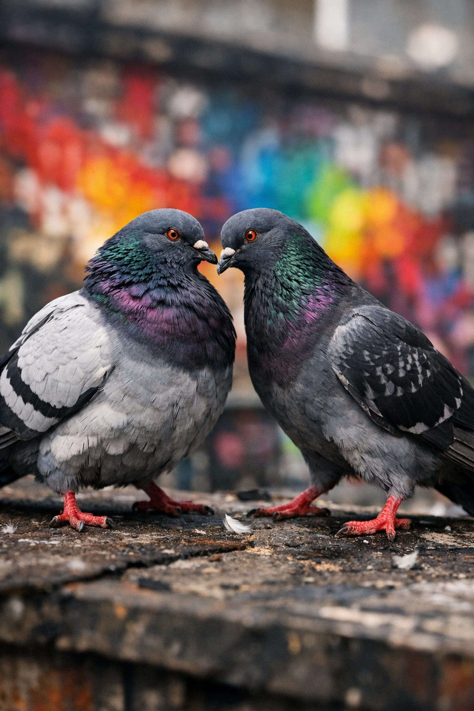 Two male pigeons bonding on a rooftop with rainbow art, showing male-male avian nesting behavior.