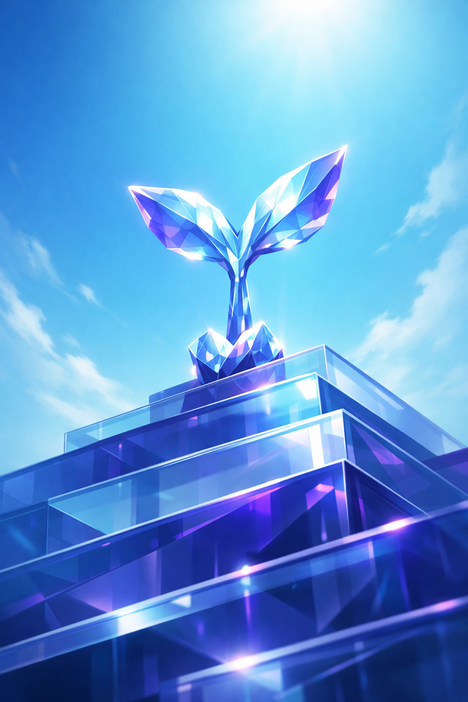 A luminous sprout growing from steps toward a bright sky, representing professional growth and empowerment.