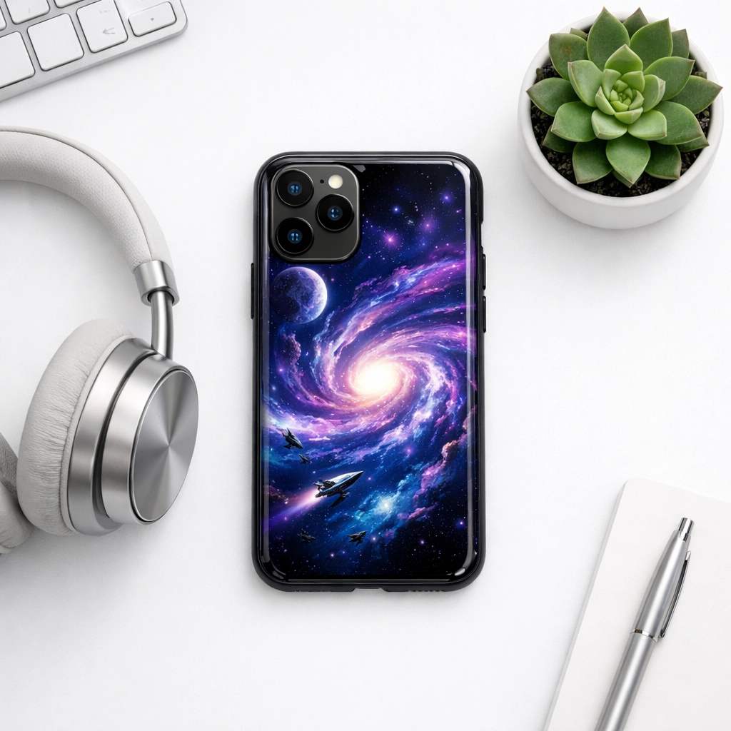 Artistic space opera themed phone case on a desk, reflecting a passion for film and unique design.