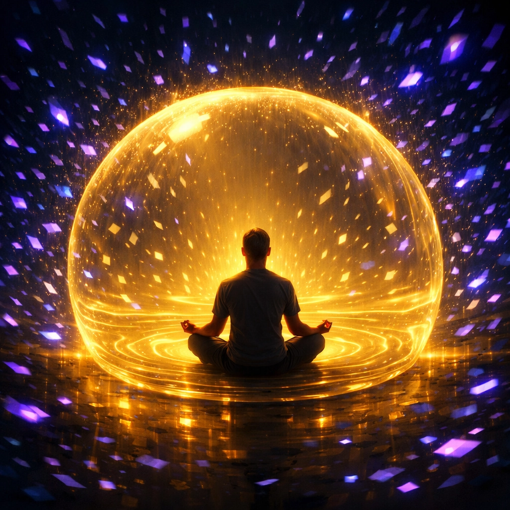 Meditating figure inside a light sanctuary symbolizing digital minimalism and mental focus.