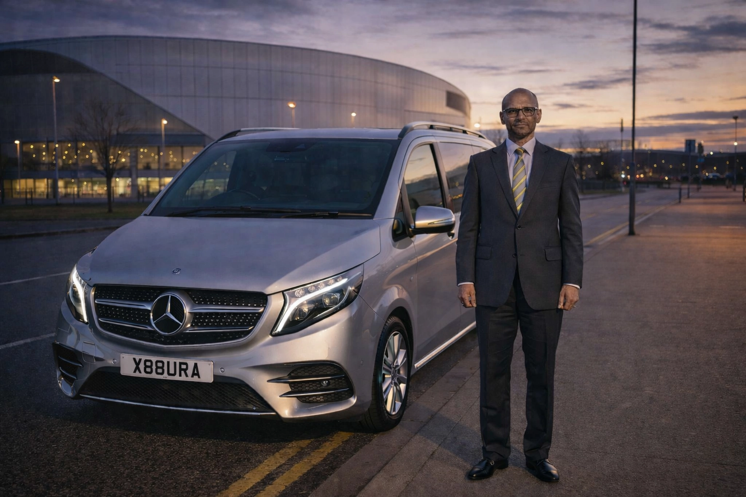 Silver Mercedes-Benz V-Class luxury chauffeur vehicle near the Emirates Arena and Sir Chris Hoy Velodrome in Glasgow.