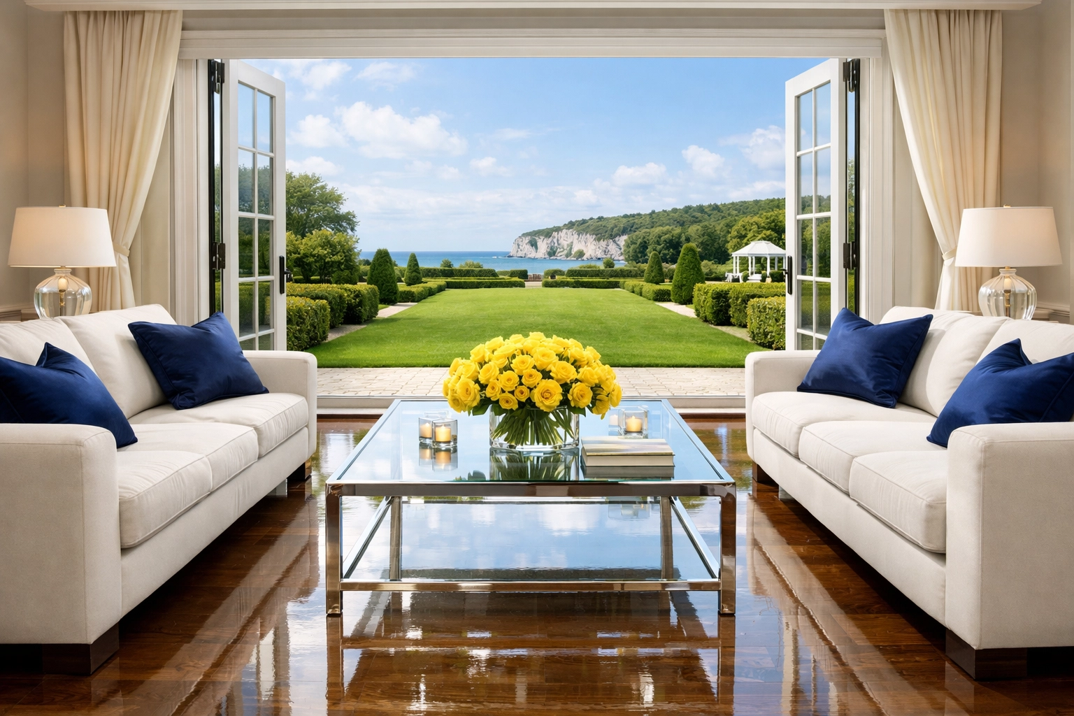 Immaculate living room after professional residential cleaning Massachusetts for a luxury Dover home.