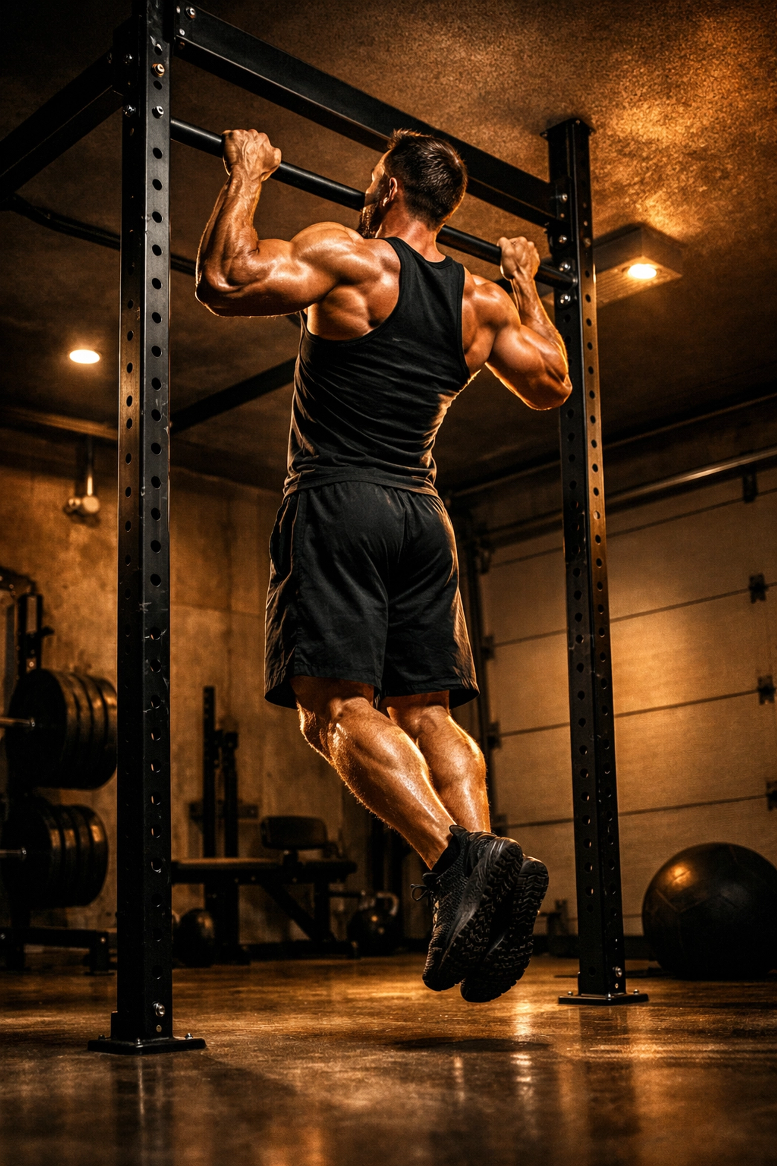 Athlete performing a strict pull-up with perfect form on a floor-to-ceiling home gym rail system