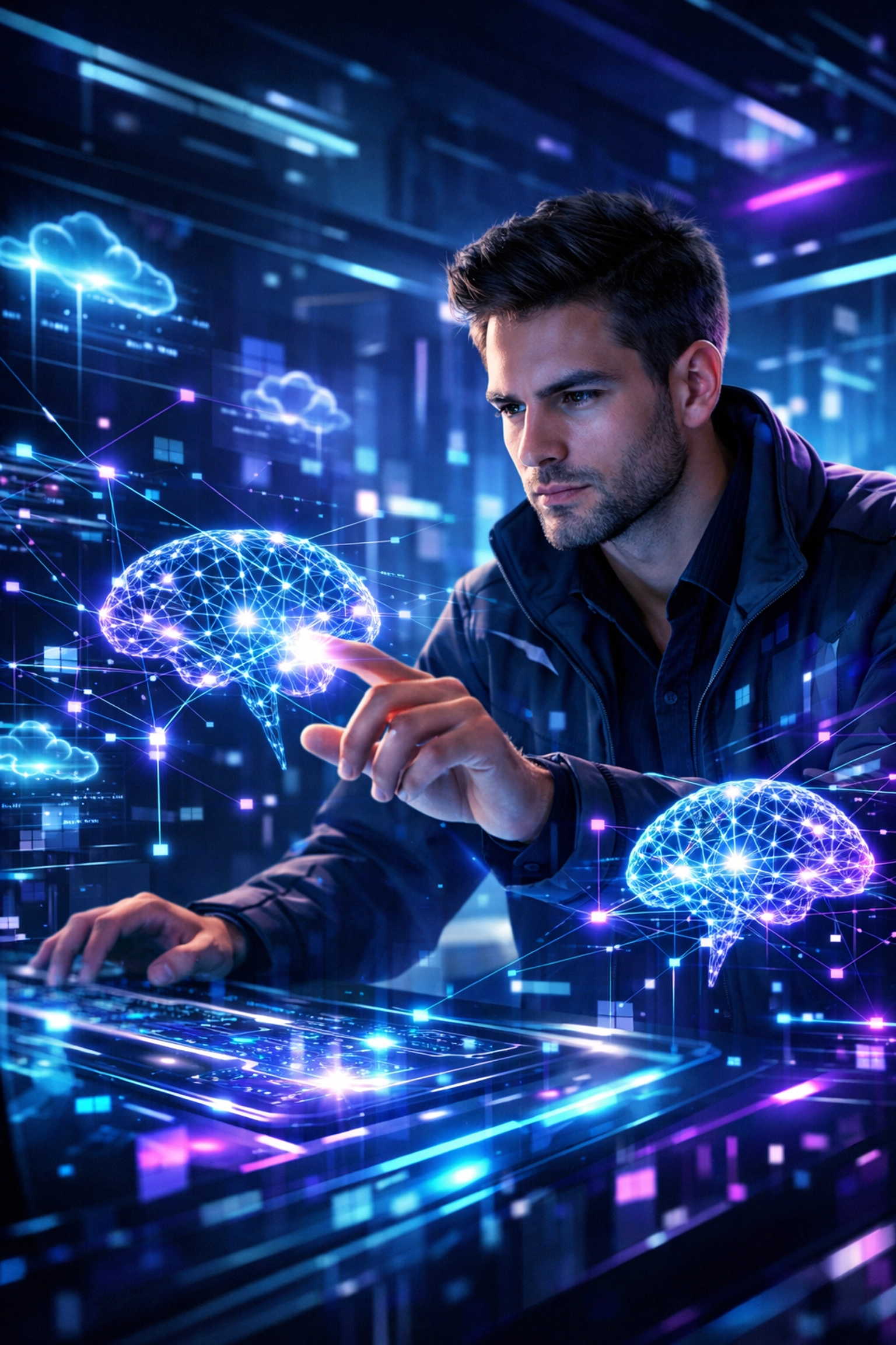 Professional analyzing cloud infrastructure and AI data through a futuristic simulation to bridge the tech talent gap.