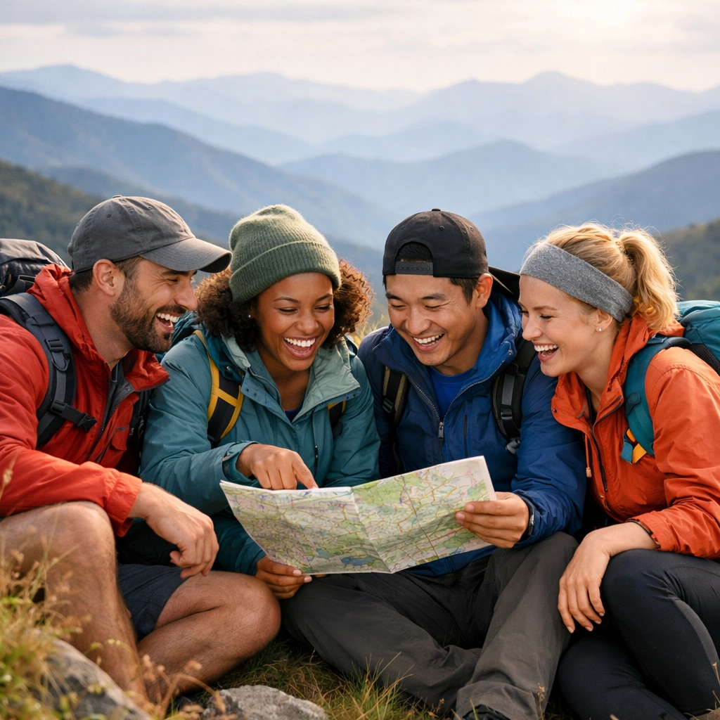 A friendly group of hikers sharing a map on a mountain ridge during a guided walking tour.