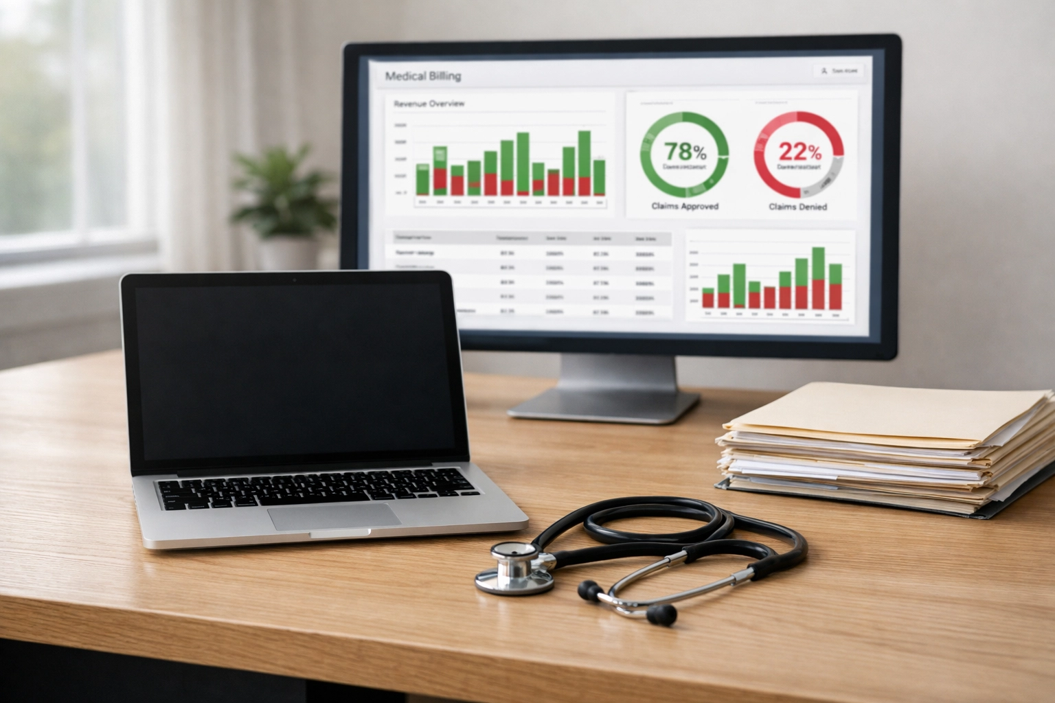 Winning the Denial War: Practical Steps to Flip Payer 'No' into 'Paid' A professional workspace showing a data dashboard for denial management healthcare and accounts receivable management.