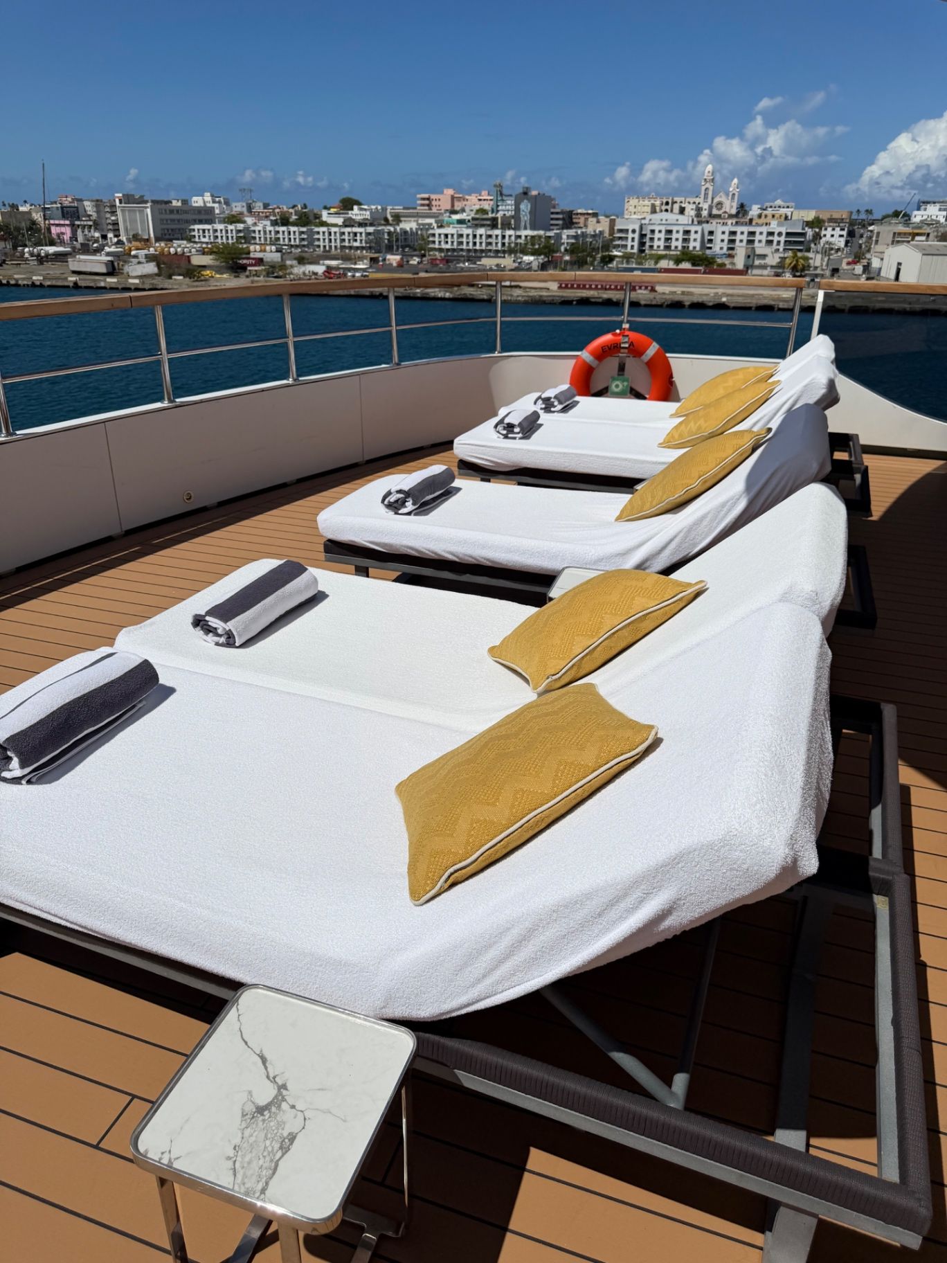 a group of beds on a boat