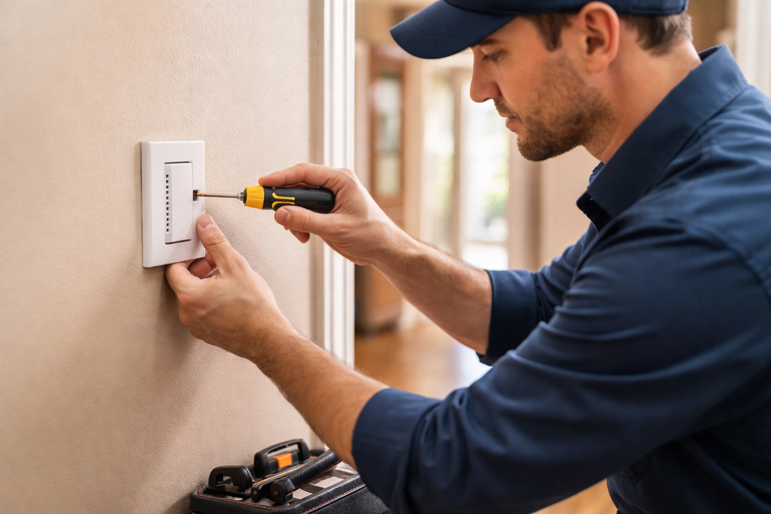Licensed Clarkston electrician installing a smart dimmer switch in a well-lit hallway for home lighting upgrade.