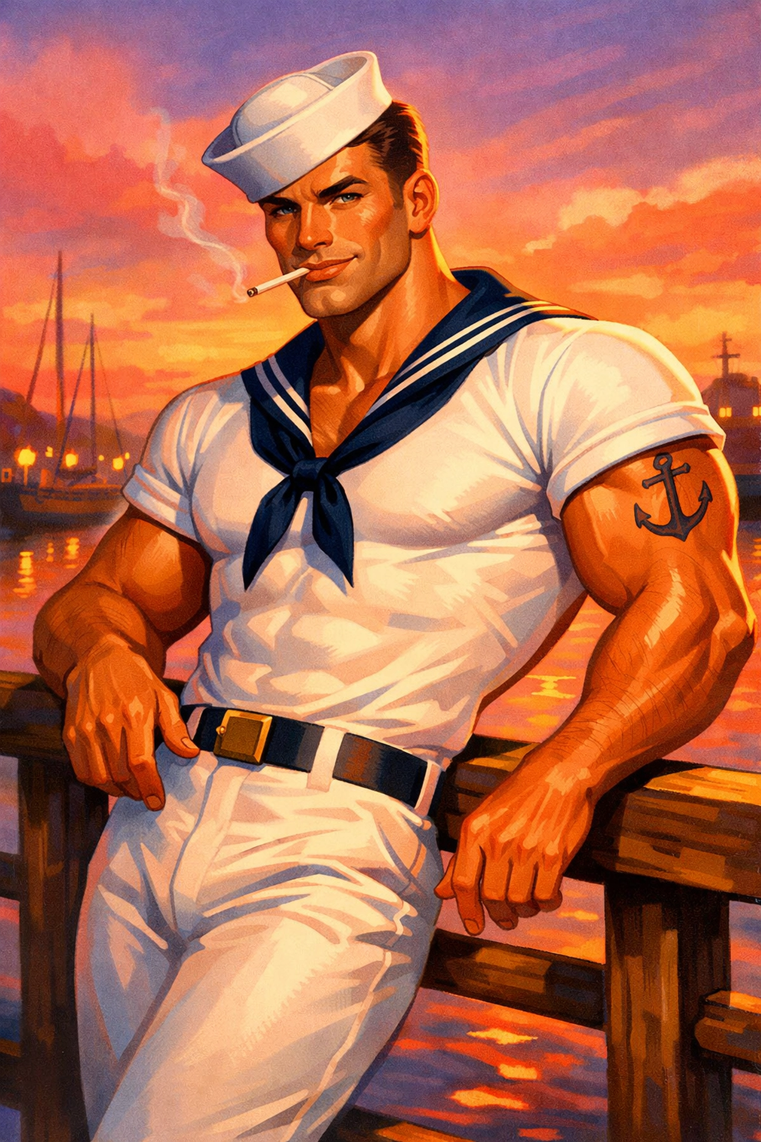 Muscular sailor in a white naval uniform at sunset, capturing the iconic queer pin-up aesthetic.
