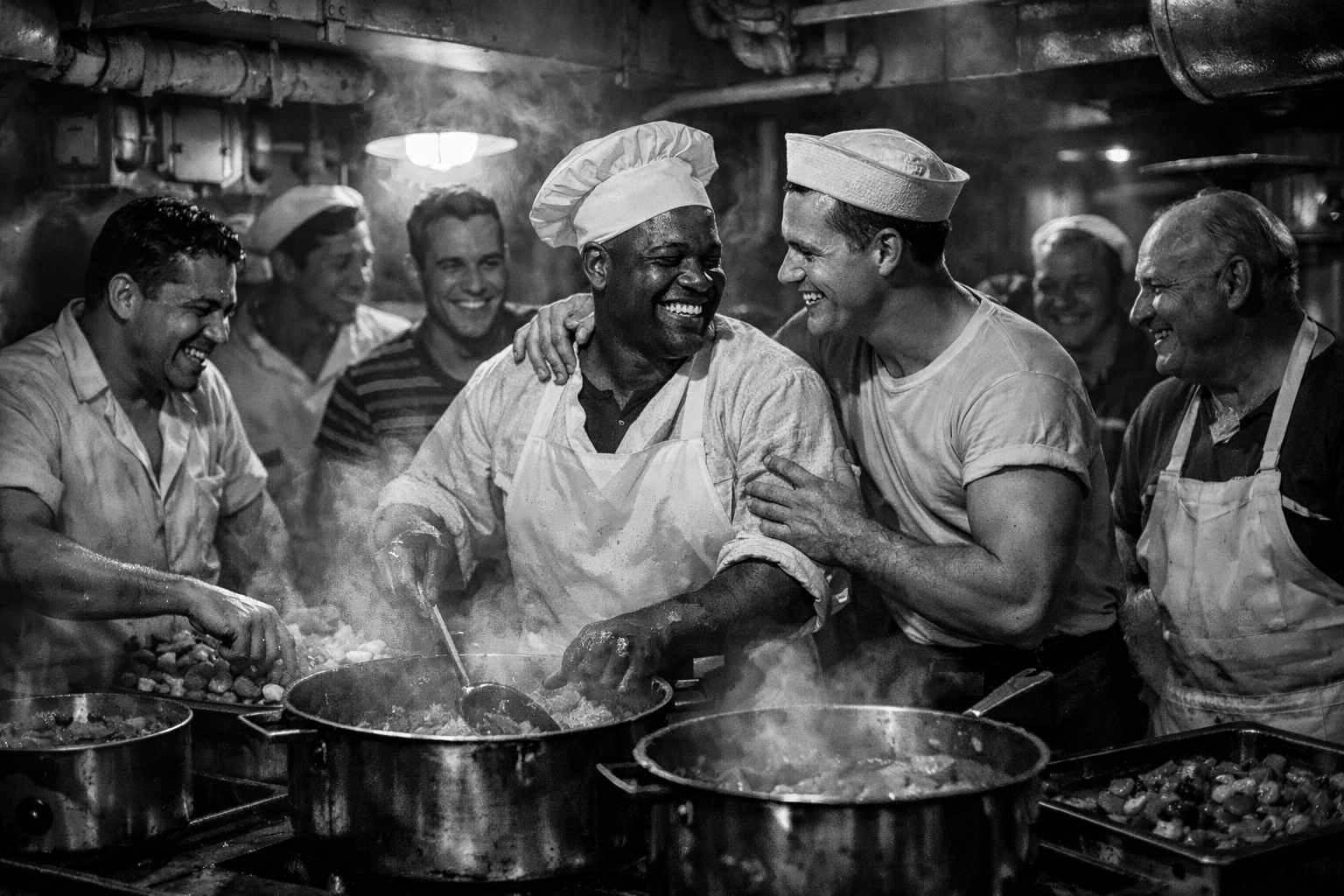 Diverse male ship cooks in a 1950s galley, showing the solidarity and dignity of maritime unions.