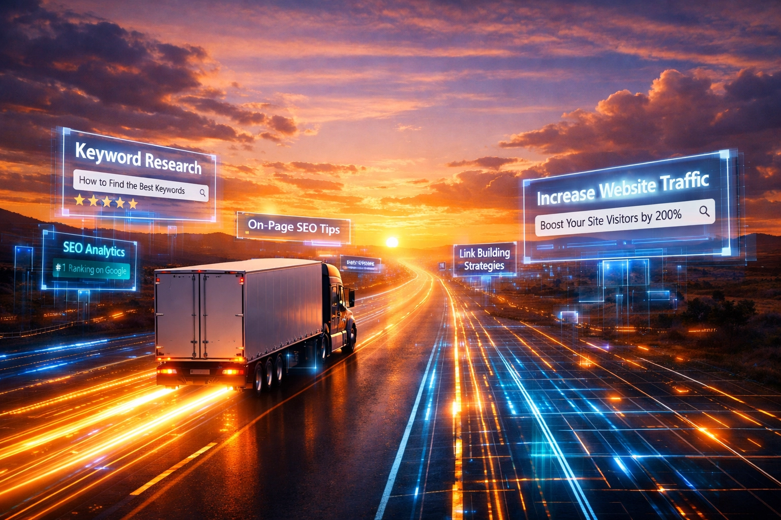 Semi-truck on digital highway representing long-term trucking SEO growth and organic search rankings