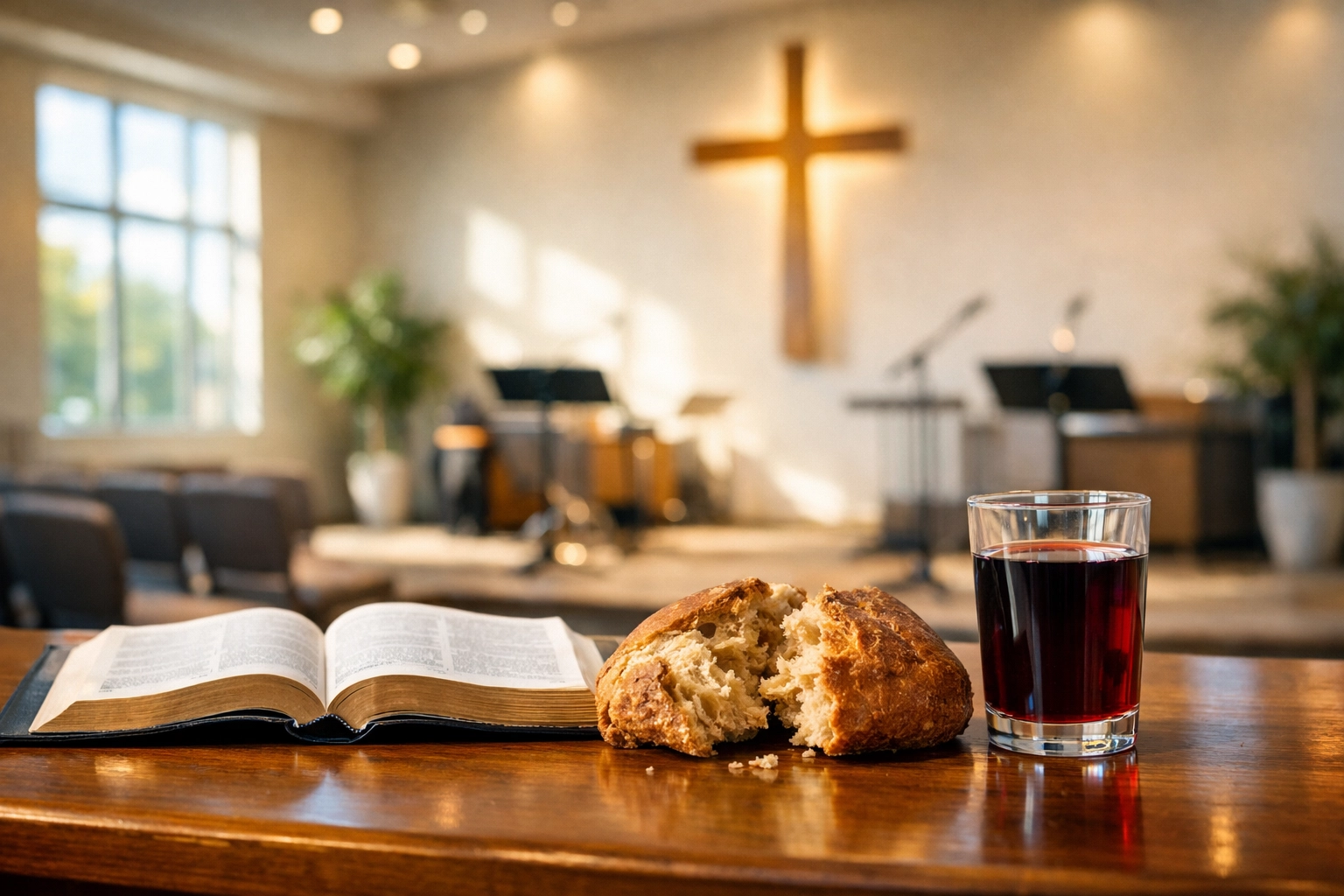 Communion elements of bread and juice next to an open Bible in a bright, modern Protestant church setting.