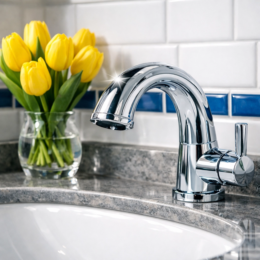 Detail of a sparkling clean bathroom vanity and chrome faucet after expert house cleaning in West Cambridge.