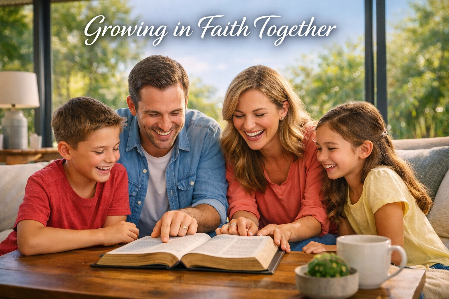 A Christian family studying the Bible together, growing in faith with First Assembly Memphis.