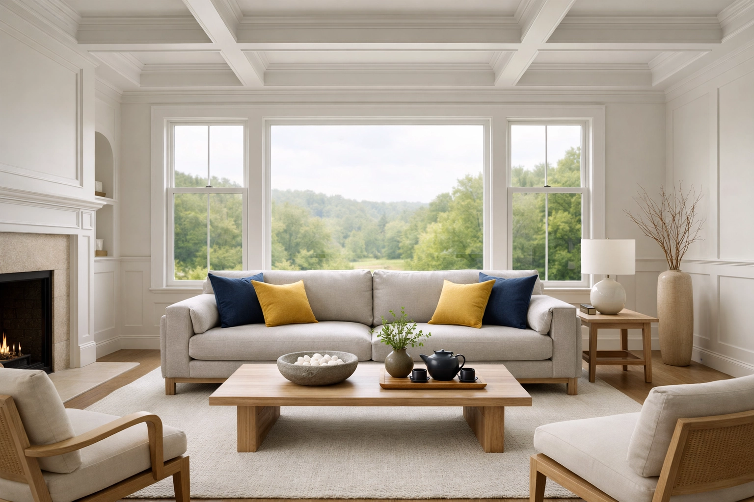 Clutter-free Zen living room in a colonial home following professional house cleaning in Grafton, MA.