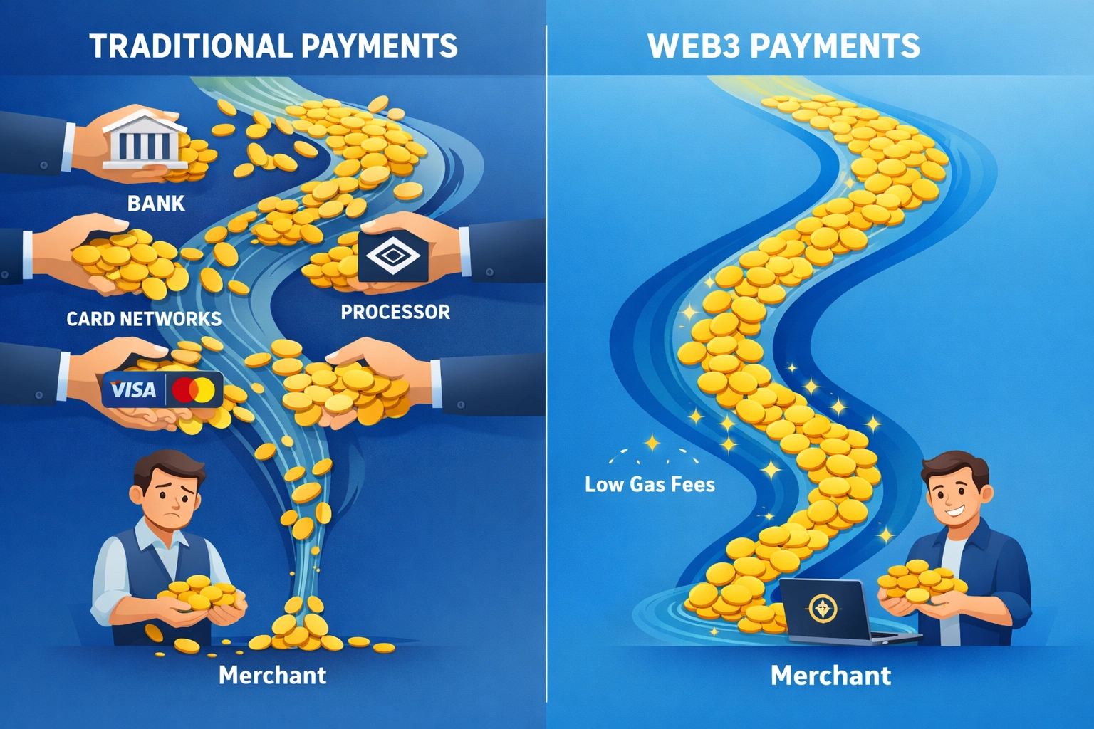 Merchant revenue: traditional payment processor fees vs Web3 gas-only payment model