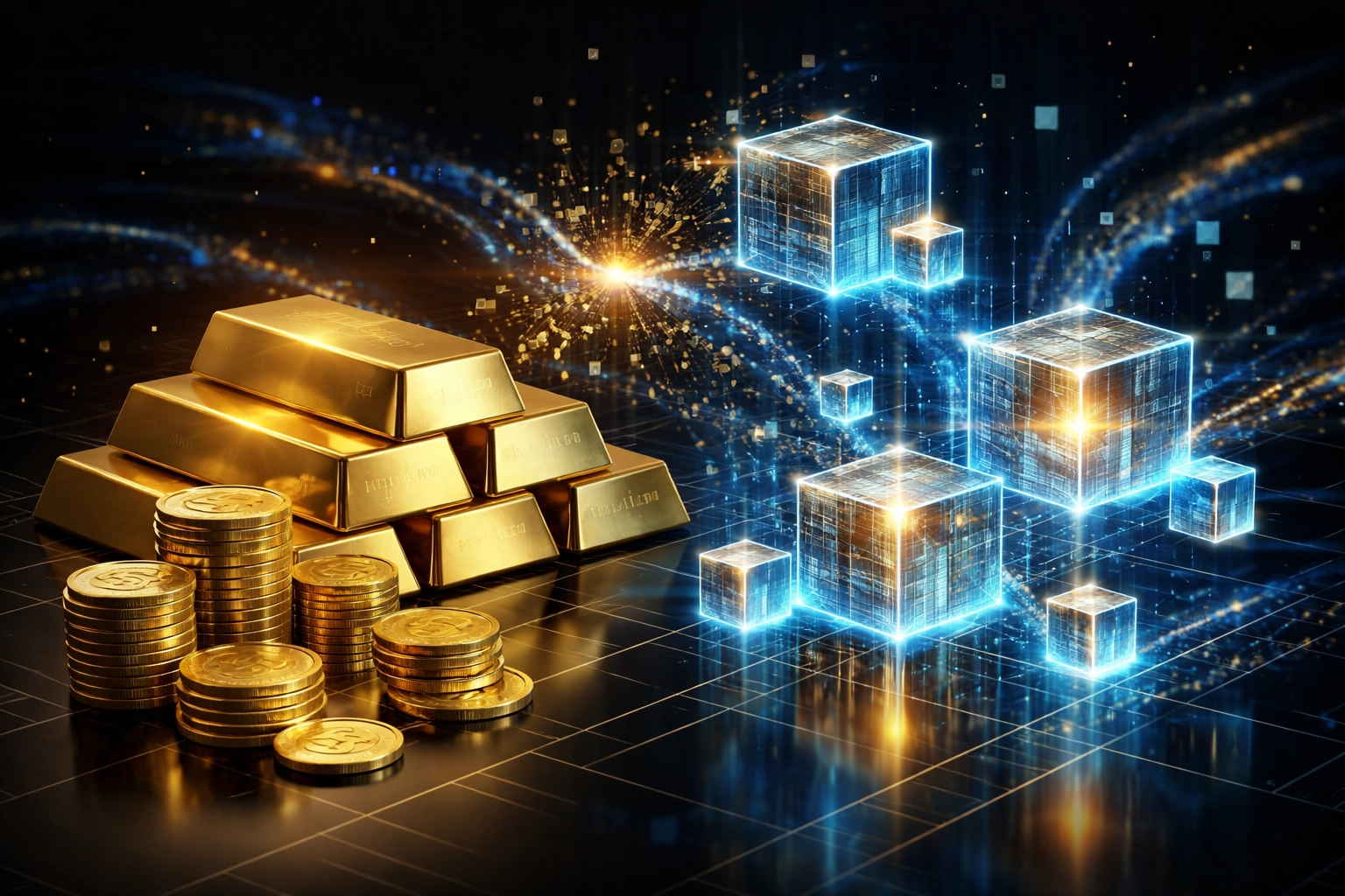 Gold bars and coins blending into glowing digital blocks, symbolizing cryptocurrency and digital assets
