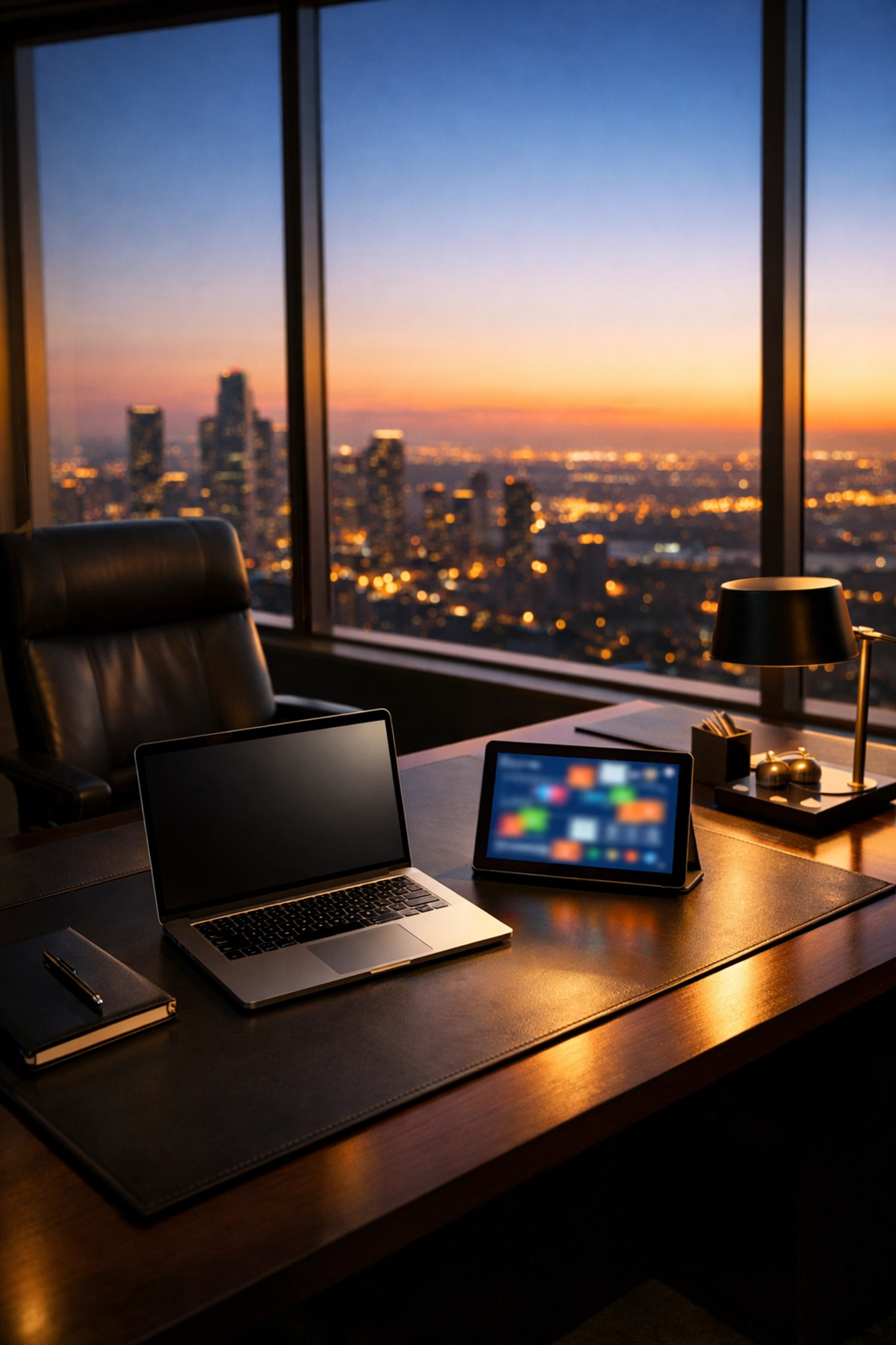 Executive office at sunrise representing the Dakdan Worldwide 7AM autopilot brand partnership framework.