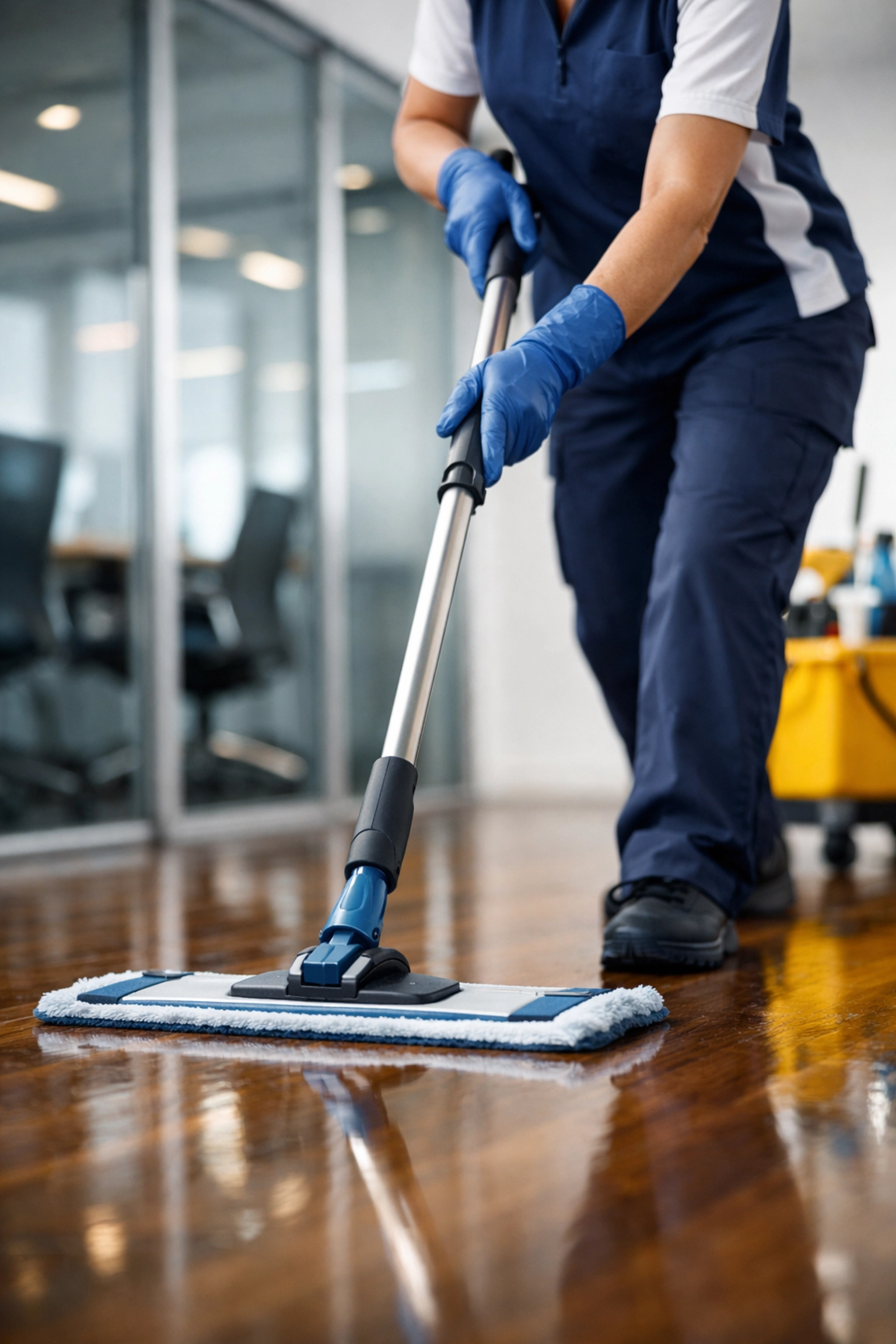 Professional technician providing commercial cleaning Waltham MA on polished office floors in a corporate park.