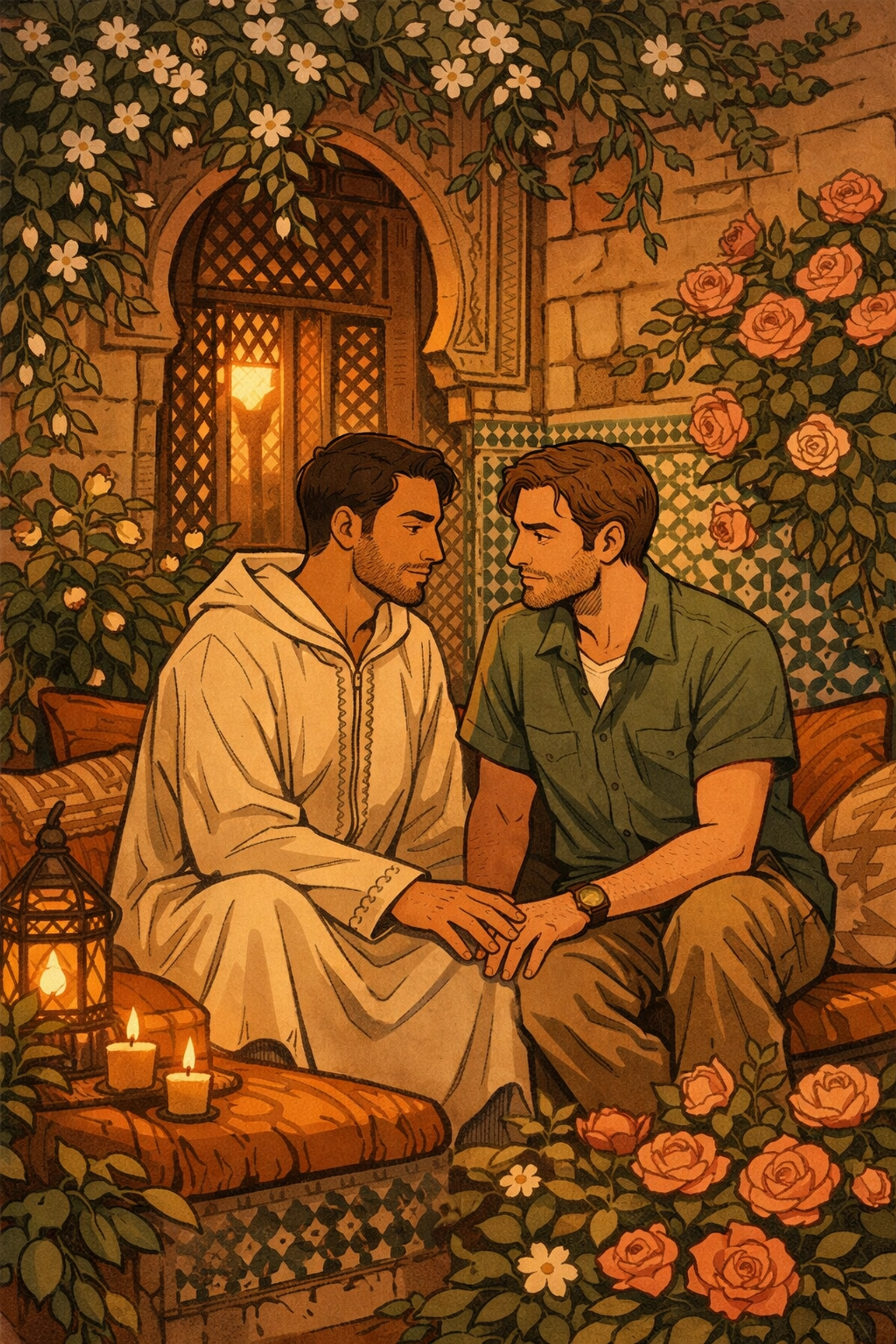 Two men share an intimate moment in a hidden Moroccan garden - MM romance in Marrakech