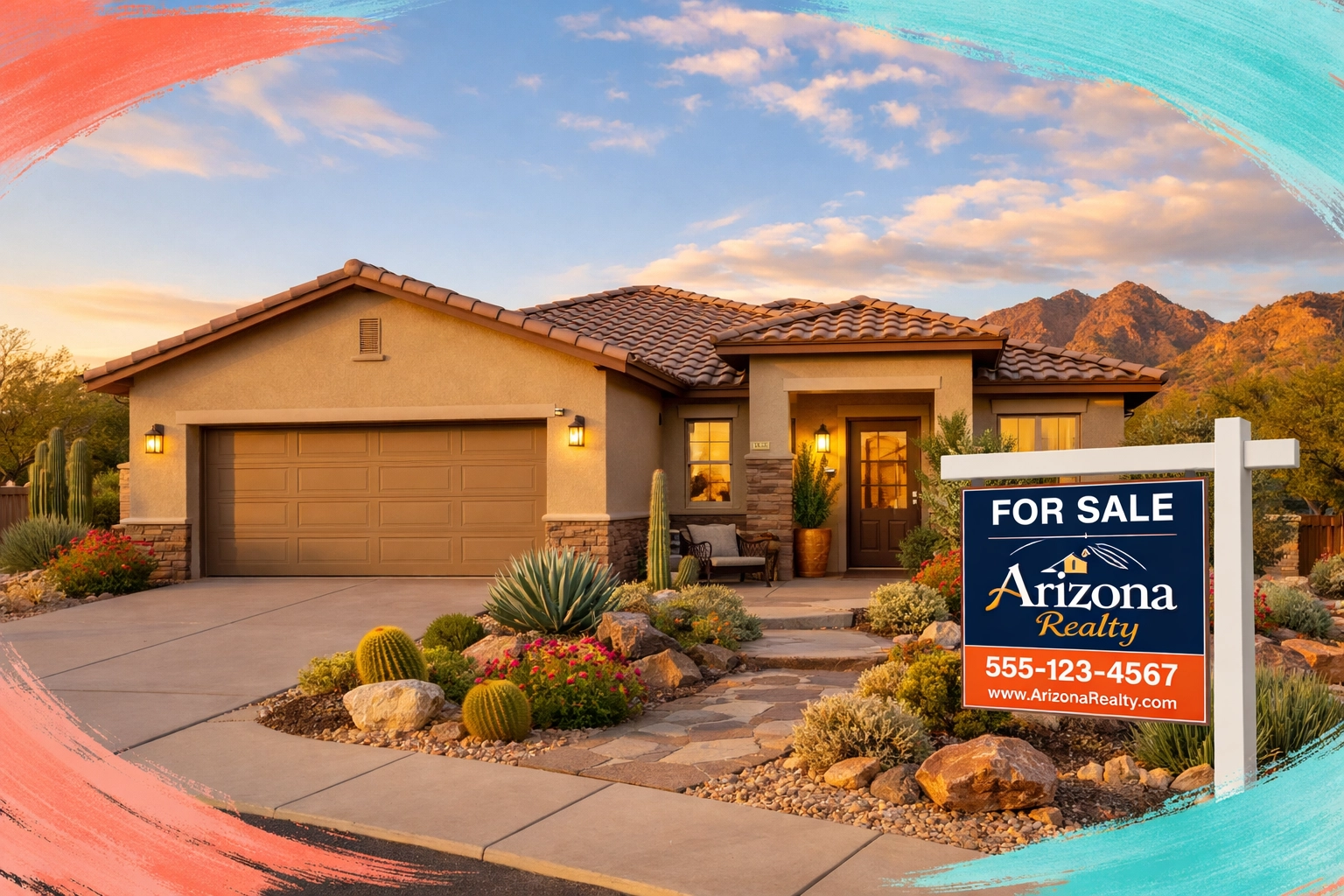 Single-story Surprise AZ home for sale with desert landscaping and mountain views