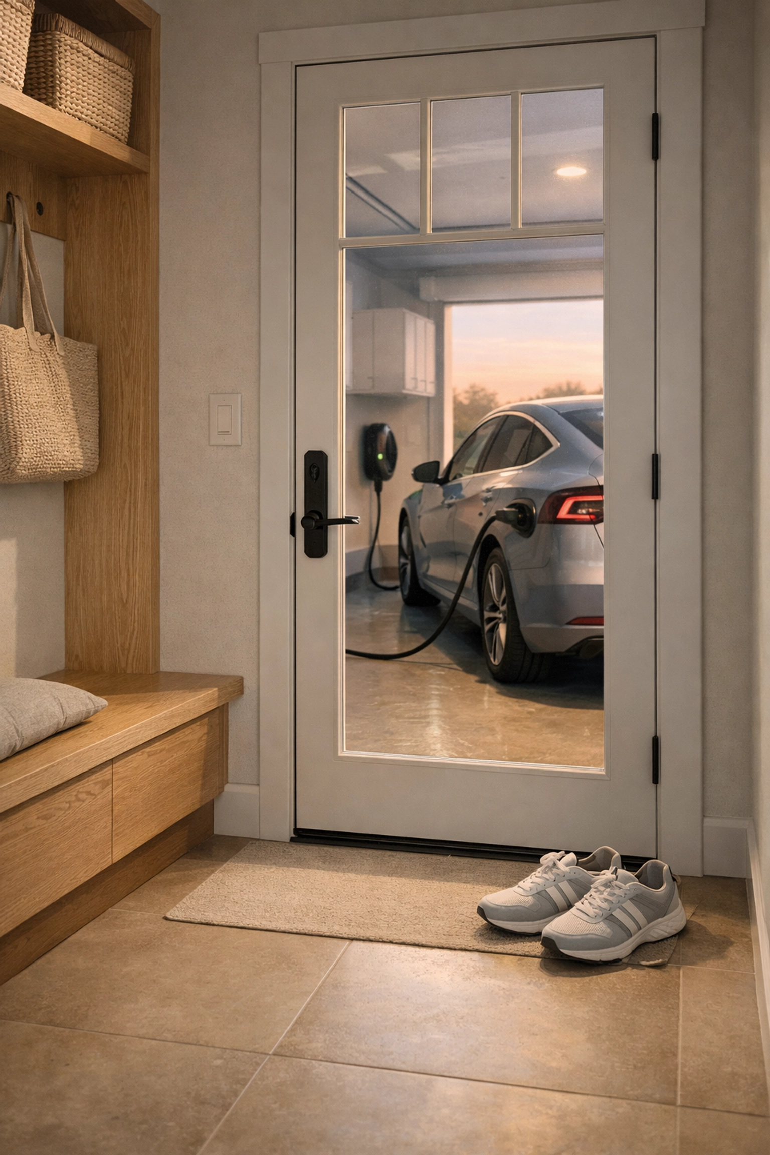 Electric vehicle charging setup in a Maine garage for convenient home charging and full battery.
