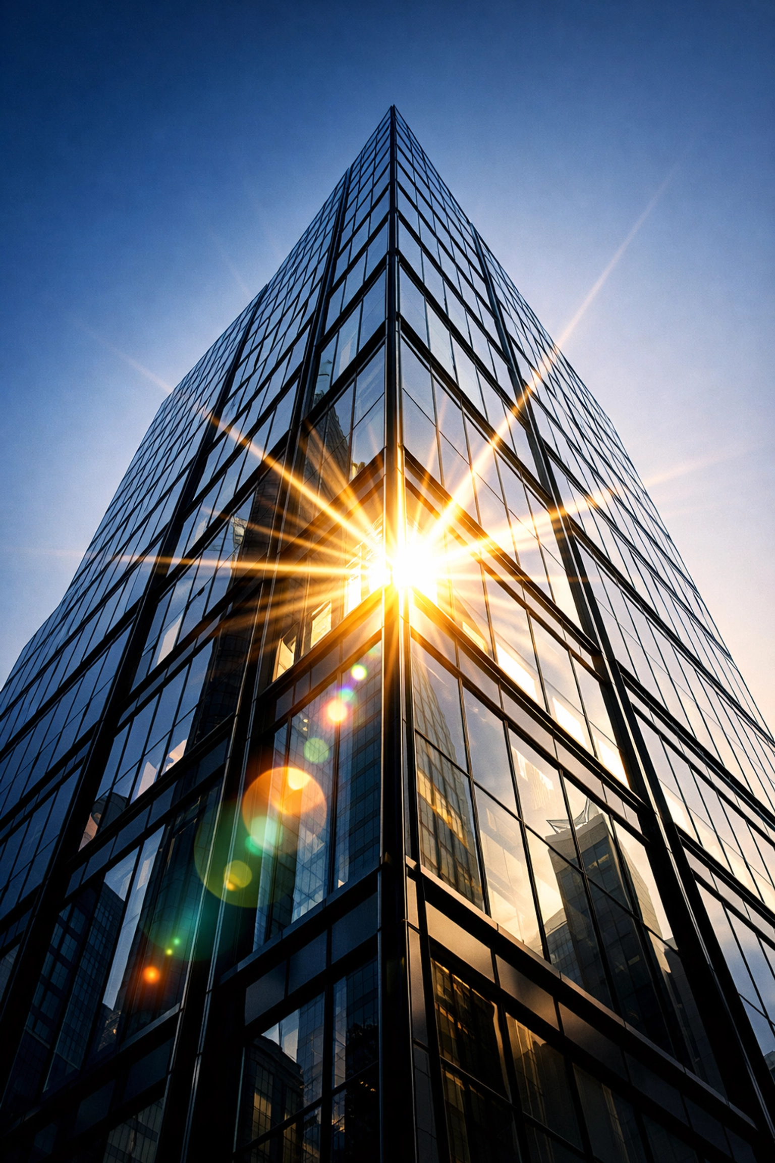 Modern glass skyscraper reflecting sunlight, representing corporate transparency and clarity.