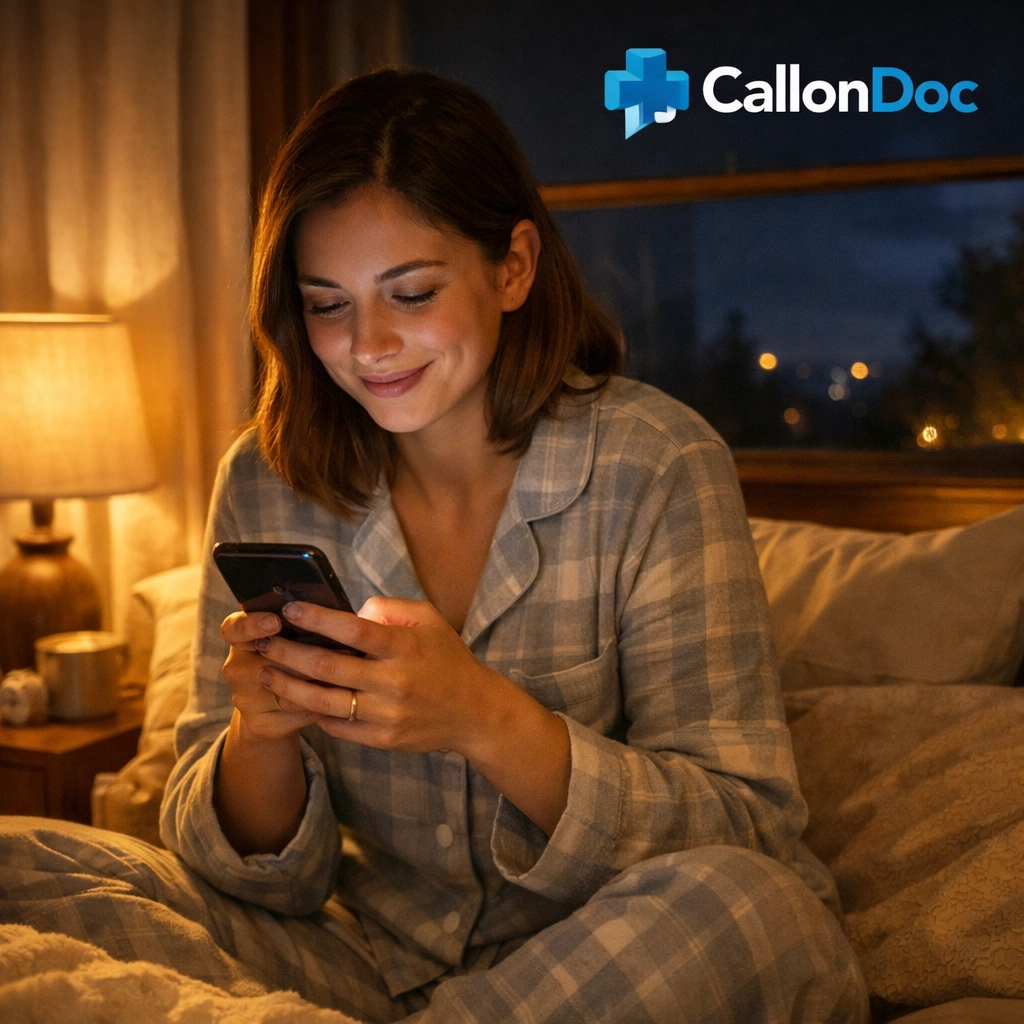 Woman chatting with doctor at night using smartphone for 24/7 online medical consultation from home