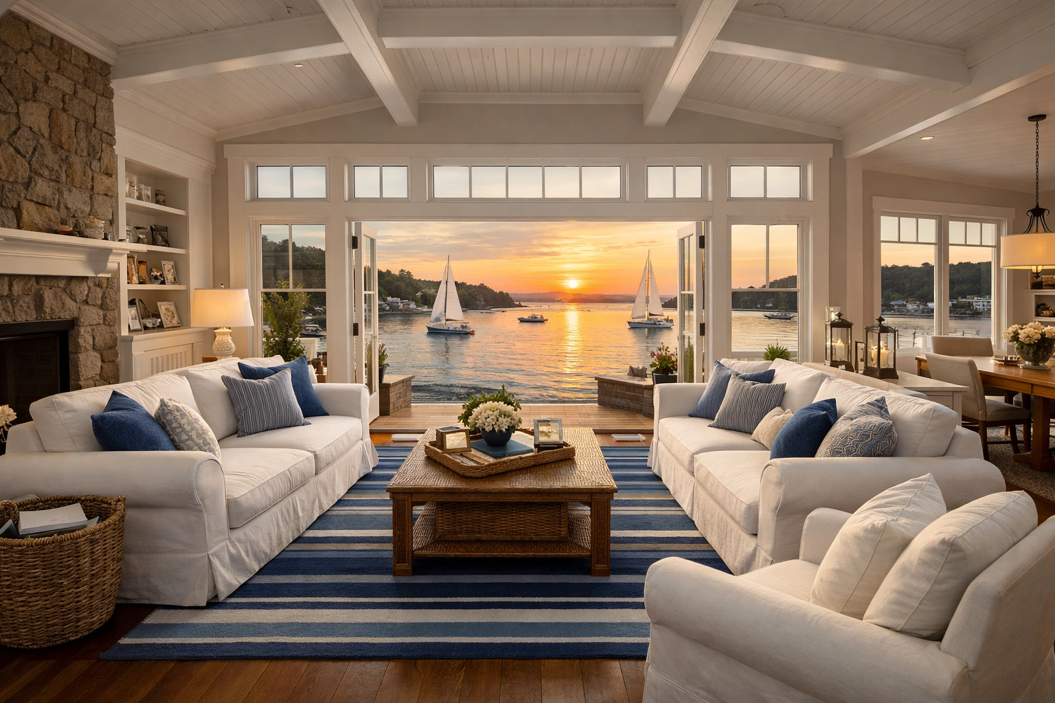 Spotless open-concept living room in a Shingle Style Manchester-by-the-Sea Summer Cottage overlooking the harbor.